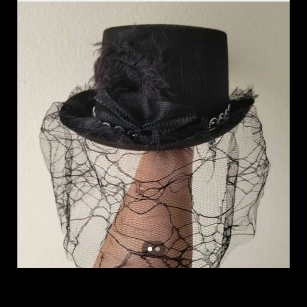 Adult Witch Hat or Witch Doctor Top Hat w/ Spiderweb Lace Veil & Feathers